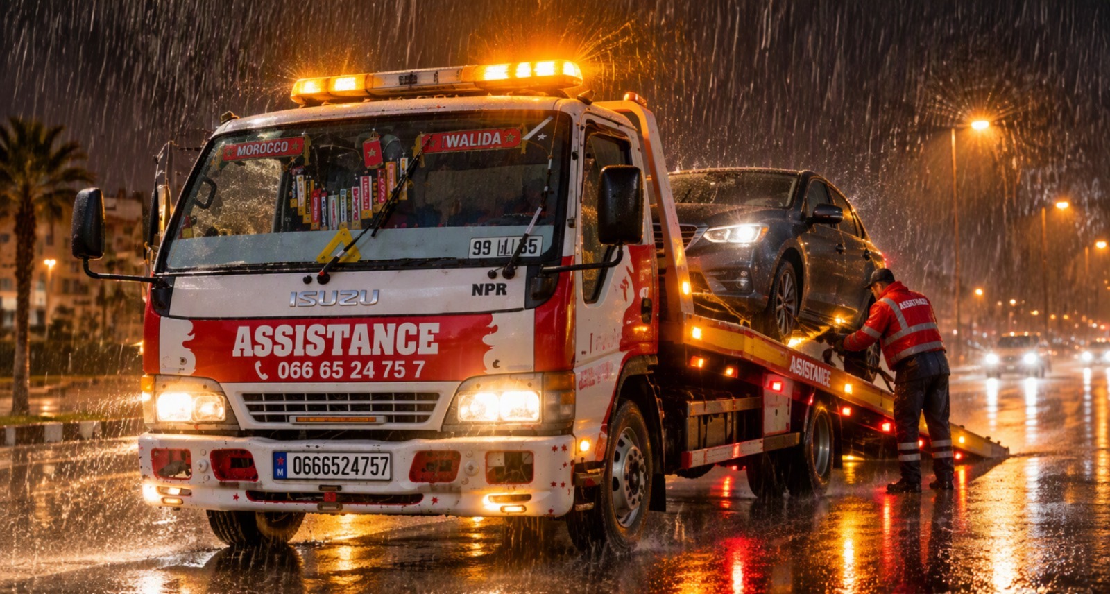 Dépanneuse Casa Assistance sous la pluie à Casablanca